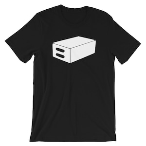 May include: Black t-shirt with a white graphic of a box with two lines on the front.