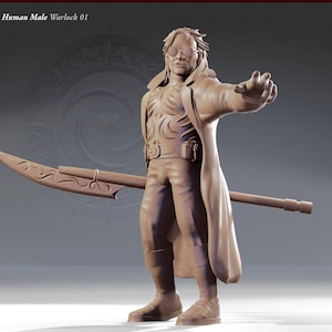 May include: A brown painted figurine of a person wearing a long coat, glasses, and holding a curved sword. The figurine is standing on a gray surface.