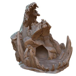 May include: A 3D printed miniature of a cave entrance, featuring a large, open maw with jagged teeth and a rocky, textured exterior.