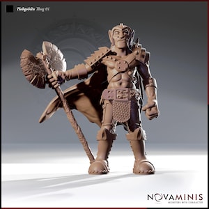 May include: A brown plastic miniature figurine of a hobgoblin warrior holding a large axe. The figurine is wearing armor and a cape. The text "Hobgoblin Thug 01" is visible in the top left corner of the image.