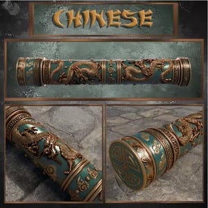 May include: A cylindrical container featuring a teal green surface with intricate, raised bronze-coloured dragon motifs and decorative patterns. The object includes a flat circular end cap with a geometric design and the word CHINESE at the top.