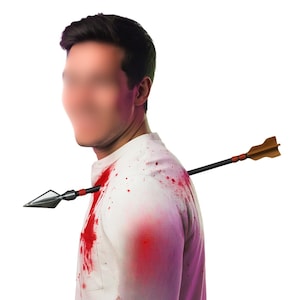May include: A person wearing a white shirt stained with red blood, with an arrow piercing through the shoulder. The arrow has a black shaft, a silver arrowhead, and orange fletching.