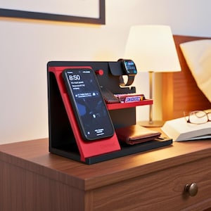 Op de afbeelding: Een zwart-rode nachtkastorganizer met een smartphone, smartwatch en een chocoladereep. De smartphone toont de tijd als 8:50. De organizer heeft ook een kleine plank en ruimte voor een portemonnee.