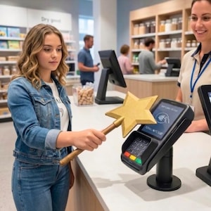Peut inclure: Une personne portant une veste en jean bleu et un jean tient une baguette en forme d'étoile dorée au-dessus d'un terminal de paiement électronique noir. Le terminal présente un écran avec une icône de paiement sans contact et un clavier numérique.