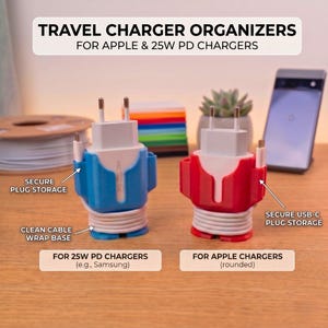 May include: Two travel charger organizers, one blue and one red, designed for Apple and 25W PD chargers. Each features secure plug storage, a clean cable wrap base, and secure USB-C plug storage. Text labels identify them for 25W PD and Apple chargers.
