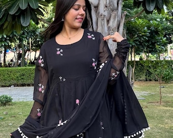 Black Embroidered Anarkali Kurti Pant With Dupatta Suits For Women,Wedding Wear Salwar Kameez