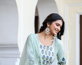Green Floral Hand Block Print Cotton Kurta Pant With Dupatta Set Ethnic Party Wear