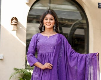 Purple Embroidered Cotton Kurta Set For Women, Party Wear Salwar Kameez
