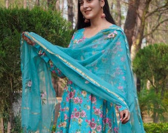 Sky Blue Anarkali Kurti Set | Floral Block Print, Cotton Salwar Kameez