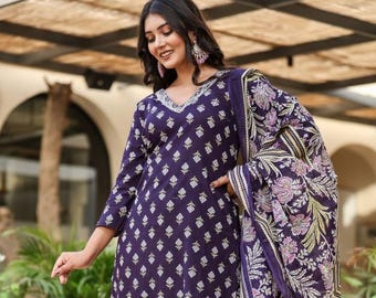 Blue Floral Printed Kurta Set, Indian Cotton Salwar Kameez