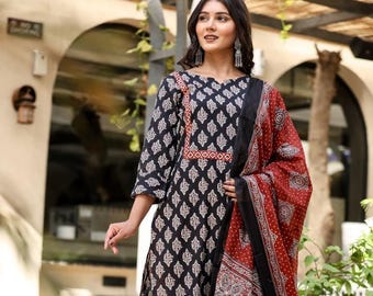 Indian Cotton Kurta Pant Dupatta Set, Black Red Block Print Suit