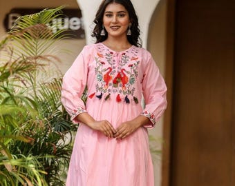 Light Pink Embroidered Cotton Kurta Set | Handmade Indian Dress