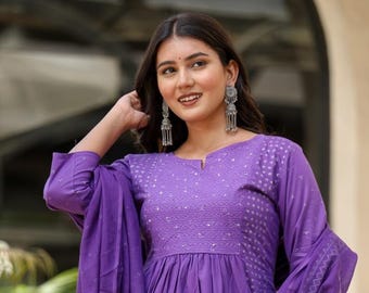 Purple Cotton Kurti Set | Embroidered Indian Dress, Party Wear