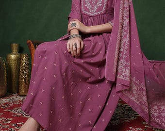 Embroidered Floral Cotton  Anarkali Kurta Dupatta Set, Wedding Festival Wear Dress