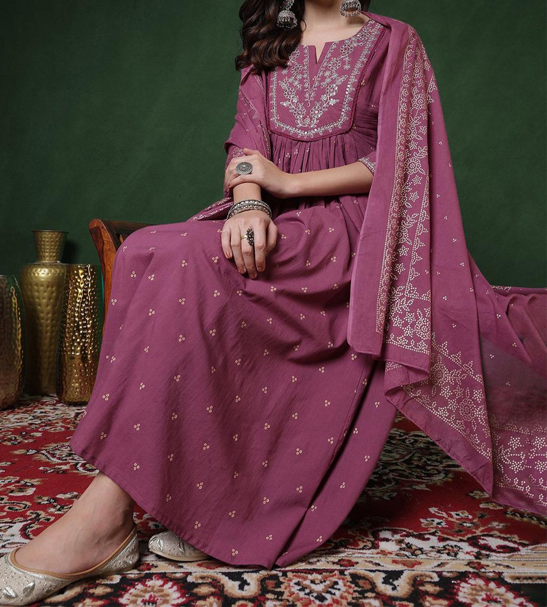 Embroidered Floral Cotton Anarkali Kurta Dupatta Set, Wedding Festival Wear Dress