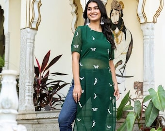 Baby Pink Embroidered Georgette Kurti, Indian Outfit