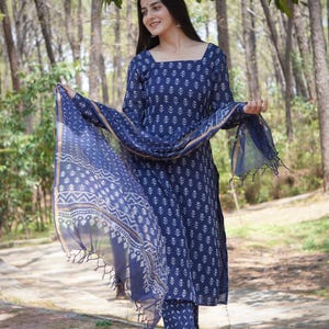 Beautiful Indigo Printed Kato Doriya Fabric Kurta With Pant And Dupatta Set, Kurta Set For Women, Kurti Pant Set, Salwar Kameez Suits