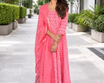 Hand Embroidered Cotton anarkali Pant Dupatta Set, Indian ethnic dress for wome