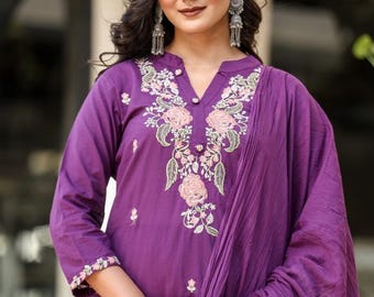 Embroidered Cotton Kurti Palazzo Dupatta Set: Royal Purple Salwar Kameez