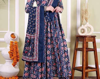 Floral Embroidered Cotton Kurta  With Dupatta Set, Indian Ethnic  Salwar Kameez