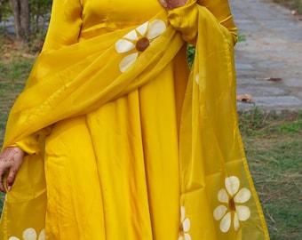 Yellow Floral Print Anarkali Kurti Pant With Dupatta Set | Indian Wedding Haldi Outfit