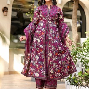 Women pure cotton flower printed long anarkali kurta with pant and dupatta set, Party wear dress, kurta set women, anarkali kurti set