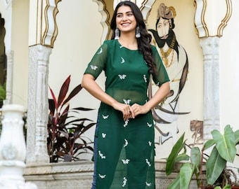 Embroidered Georgette Kurti, Green Indian Tunic Top