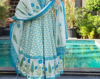 Handmade Cotton Anarkali Kurti Pant With Dupatta Set,Indian Wedding Wear For Women's