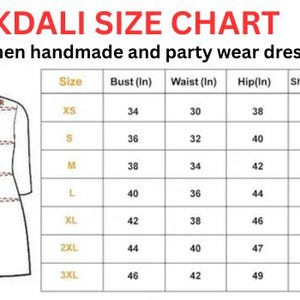 Puede incluir: Tabla de tallas EKDALI para vestidos de mujer hechos a mano y de fiesta. La tabla incluye medidas de busto, cintura, cadera y hombro en pulgadas, que van de la XS a la 3XL. Un dibujo lineal de un vestido est&aacute; a la izquierda.