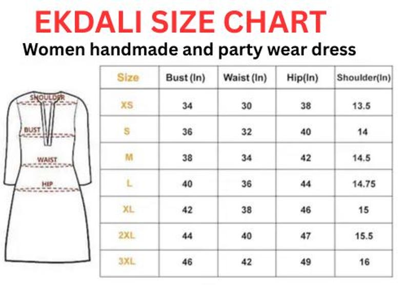 Puede incluir: Tabla de tallas EKDALI para vestidos de mujer hechos a mano y de fiesta. La tabla incluye medidas de busto, cintura, cadera y hombro en pulgadas, que van de la XS a la 3XL. Un dibujo lineal de un vestido est&aacute; a la izquierda.