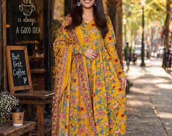 Floral Printed Anarkali Kurta Pant With Dupata Set,Indian Ethnic Salwar Kameez