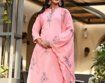 Handloom Khadi Cotton Kurta Set: Embroidered Indian Dress with Dupatta