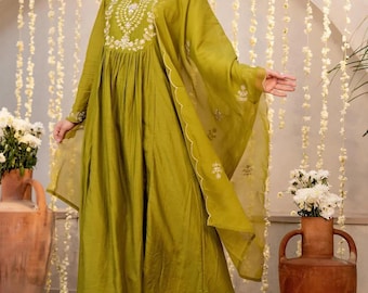 Embroidered Cotton Silk anarkali Kurta Pant Dupatta Set,Wedding Wear Dress
