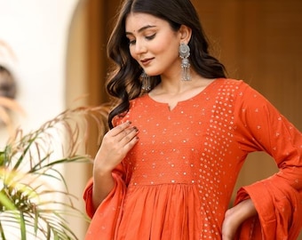 Embroidered Orange Kurta Pant Dupatta Set | Cotton Ethnic Salwar Kameez