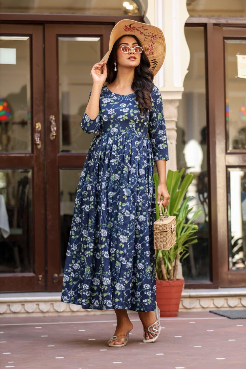 Floral Hand Block Cotton Maxi Dress