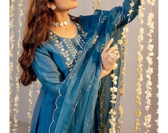 Embroidered Cotton Silk Anarkali Kurta Pant Dupatta  Set Indian Wedding Party Wear