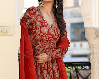 Red Floral Hand Block Print Indian Anarkali Kurta Dress Set, Pure Cotton Festive Wear