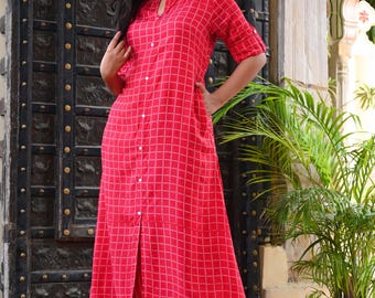Red Muslin Kurta Pant Set With Pockets, Indian Ethnic Co Ord Set For Women