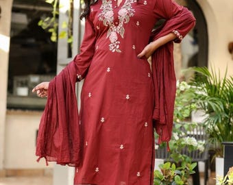 Embroidered Cotton Kurti Pant Dupatta Set For Women, Indian Ethnic Salwar Kameez