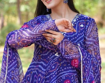 Blue Cotton Anarkali Suit Set With Dupatta, Embroidered Kurta Pant Set, Indian Ethnic Wear