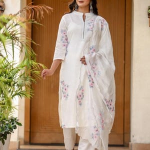 Designer handloom khadi cotton emboidered work kurta with pant and duaptta set, kurta set women, kurti pant set, dresses for women