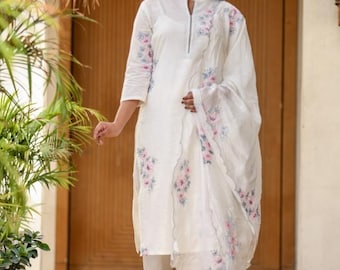 Handloom Khadi Cotton Kurta Set: Embroidered Indian Dress with Dupatta