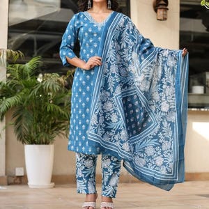 Indigo printed pure cotton kurti pant dupatta set, cotton salwar kameez, kurta set women, kurti pant set, dresses for women and girls