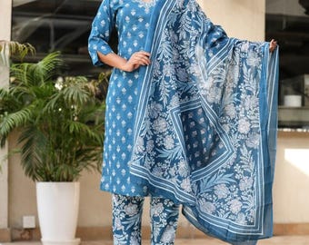 Indigo Floral  Printed Cotton Kurti Pant With Dupatta Set,Festive Indian Dress