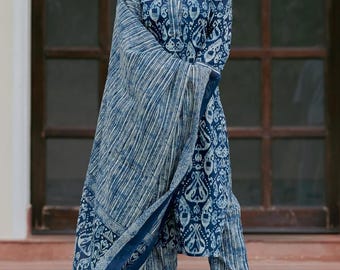 Indigo Printed Cotton Kurti Pant Dupatta Set: Women's Salwar Kameez
