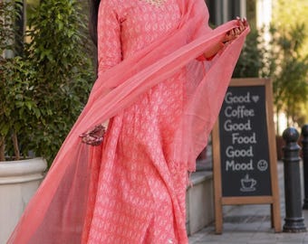 Printed Cotton Anarkali Kurta Set with Dupatta, Festive Wear Ethnic Dress for Women