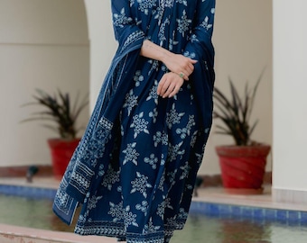 Women's Floral Hand Block Printed Cotton Anarkali Set With Dupatta,Indian Ethnic Outfit
