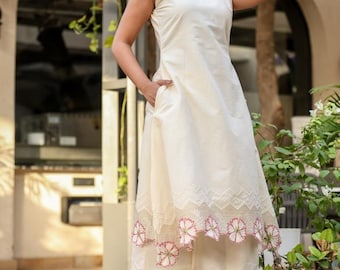Embroidered Cotton Kurta Palazzo Set: Sleeveless Indian Ethnic Salwar Kameez