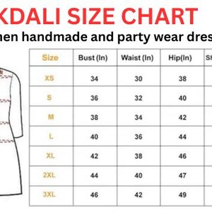May include: An EKDALI size chart for women's handmade and party wear dresses. The chart includes measurements for bust, waist, hip, and shoulder in inches, ranging from XS to 3XL. A line drawing of a dress is on the left.