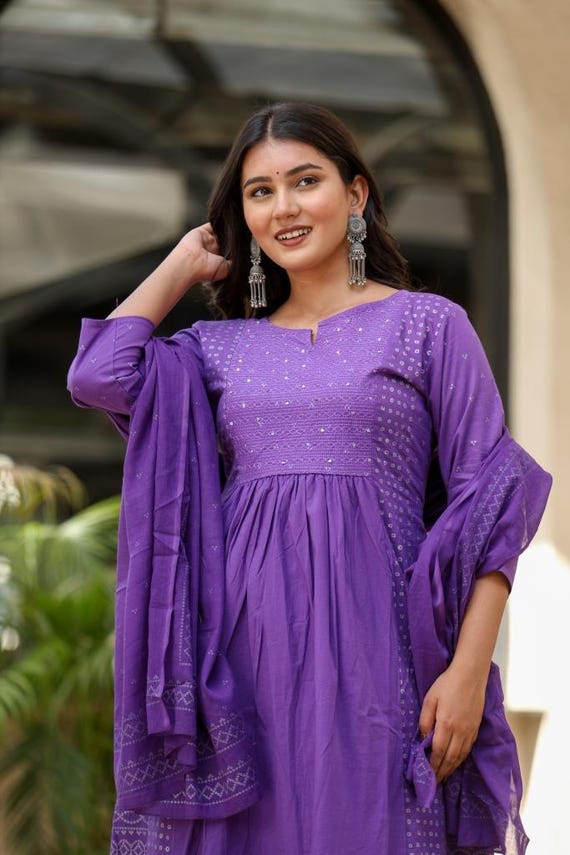 Purple Cotton Kurti Set | Embroidered Indian Dress, Party Wear